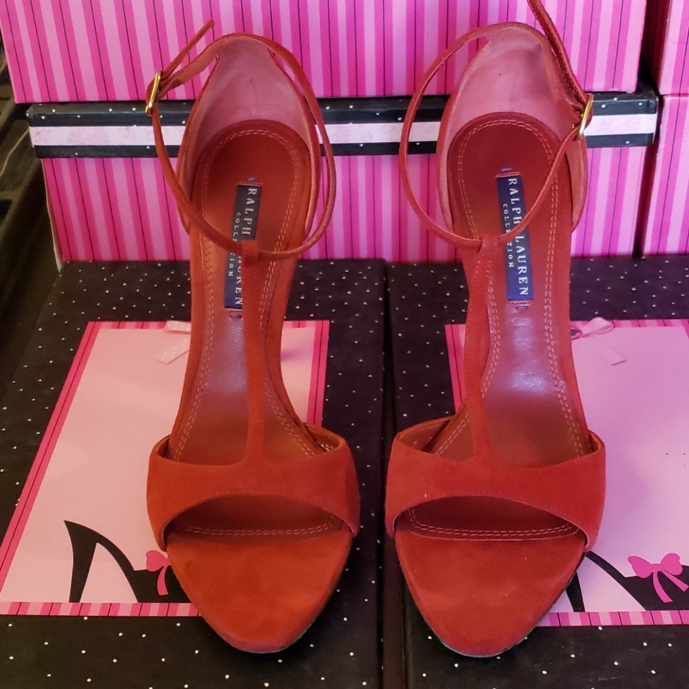 Ralph Lauren Collection Red Suede T-Strap Heels